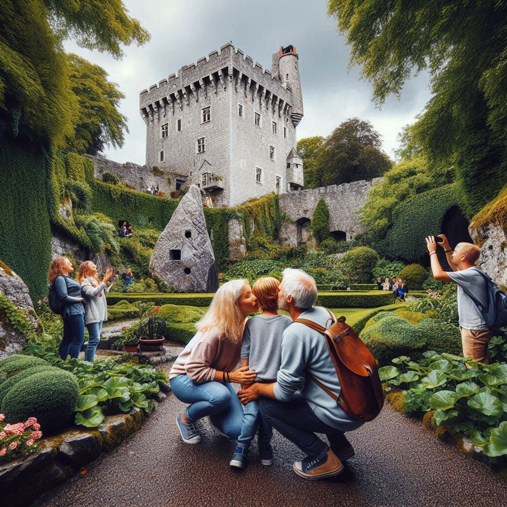 A family exploring the historic Blarney Castle in Ireland, with lush gardens and ancient stone walls, capturing the moment of kissing the famous Blarney Stone
