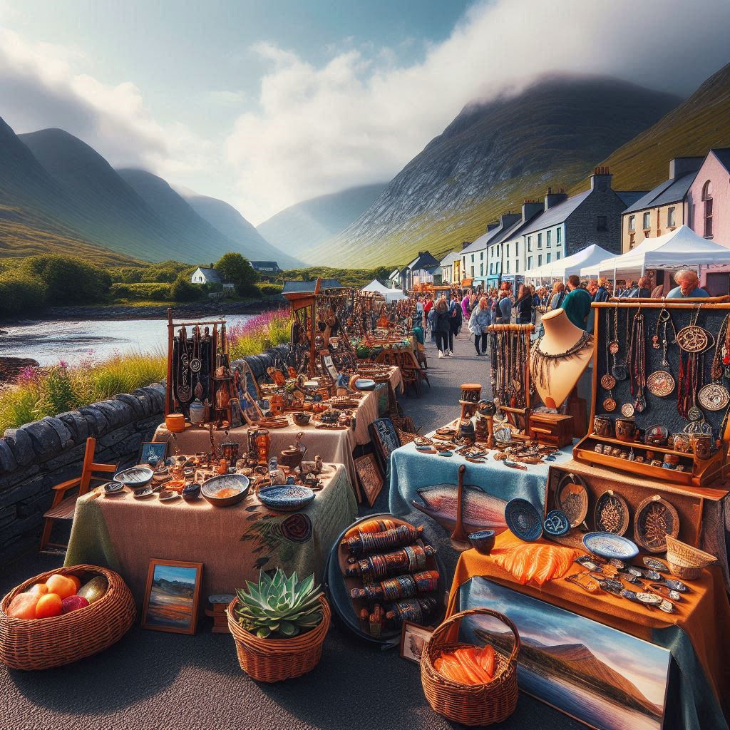 Une scène vibrante d'un marché artisanal au Connemara, avec des stands proposant des produits artisanaux, tels que des bijoux celtiques, des poteries, et du saumon fumé, entourés de montagnes en arrière-plan.