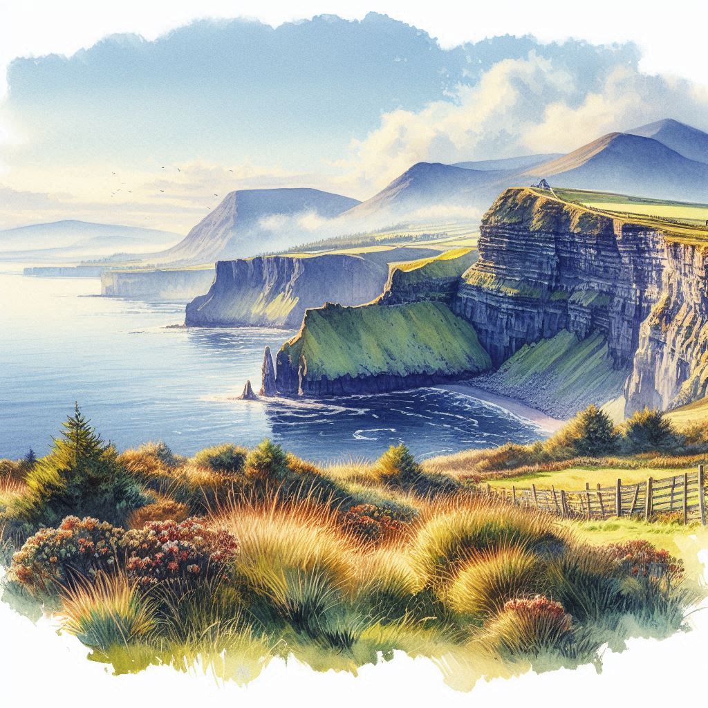 Image en aquarelle de De plus, la nature irlandaise, avec ses paysages à couper le souffle, offre d'innombrables possibilités d'activités de plein air.