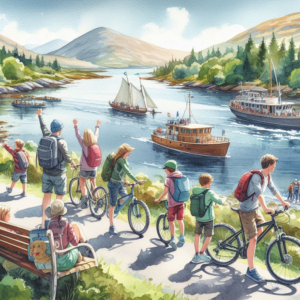 Des familles profitant d'activités de plein air dans le parc national du Connemara, montrant des randonnées, du cyclisme, et des excursions en bateau sur un fjord, avec une ambiance joyeuse et conviviale en aquarelle
