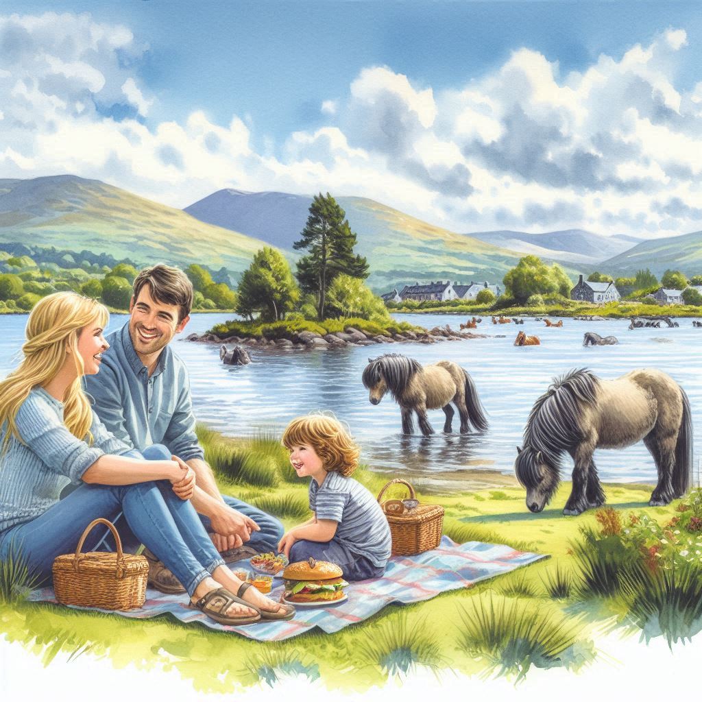 Une famille souriante pique-niquant sur les rives d'un lac pittoresque dans le comté de Galway, entourée de paysages verdoyants et de montagnes au loin. Les enfants jouent avec des poneys irlandais robustes, tandis que les parents se détendent sur une couverture, profitant du moment et admirant la beauté naturelle environnante.