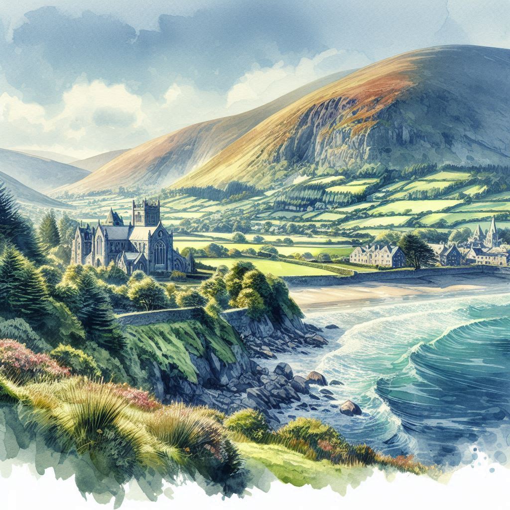 Une image en aquarelle qui montre un climat tempéré et protecteur de l'irlande