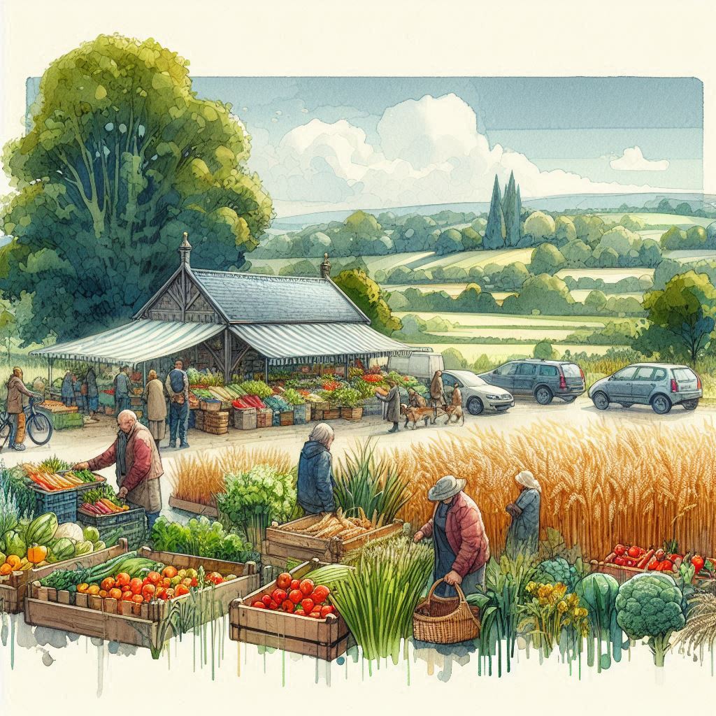 une image pour illustrer le cout de la vie abordable en campagne d'Irlande. Avec un marché bio. en aquarelle