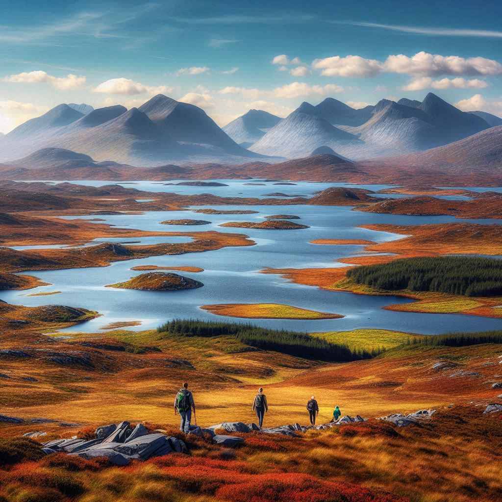 Une vue panoramique du Connemara avec ses montagnes majestueuses des Twelve Bens et des Maumturks, entourées de vastes paysages de landes colorées, de lacs scintillants comme le Lough Corrib, et une côte découpée parsemée d'îles. Au premier plan, une famille en randonnée, profitant de la beauté naturelle, avec un ciel bleu clair et quelques nuages.