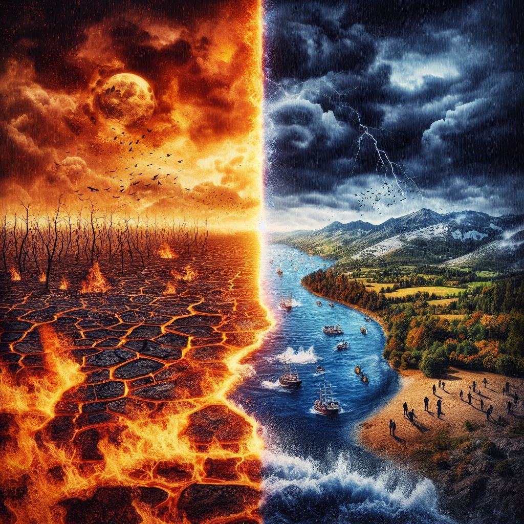 Climate Change Effects: "A dramatic visual representation of climate change impacts in Europe, showing a split image: one side depicting intense heat waves with dried landscapes and wildfires in southern Europe, and the other side illustrating flooding and heavy rains in northern Europe.