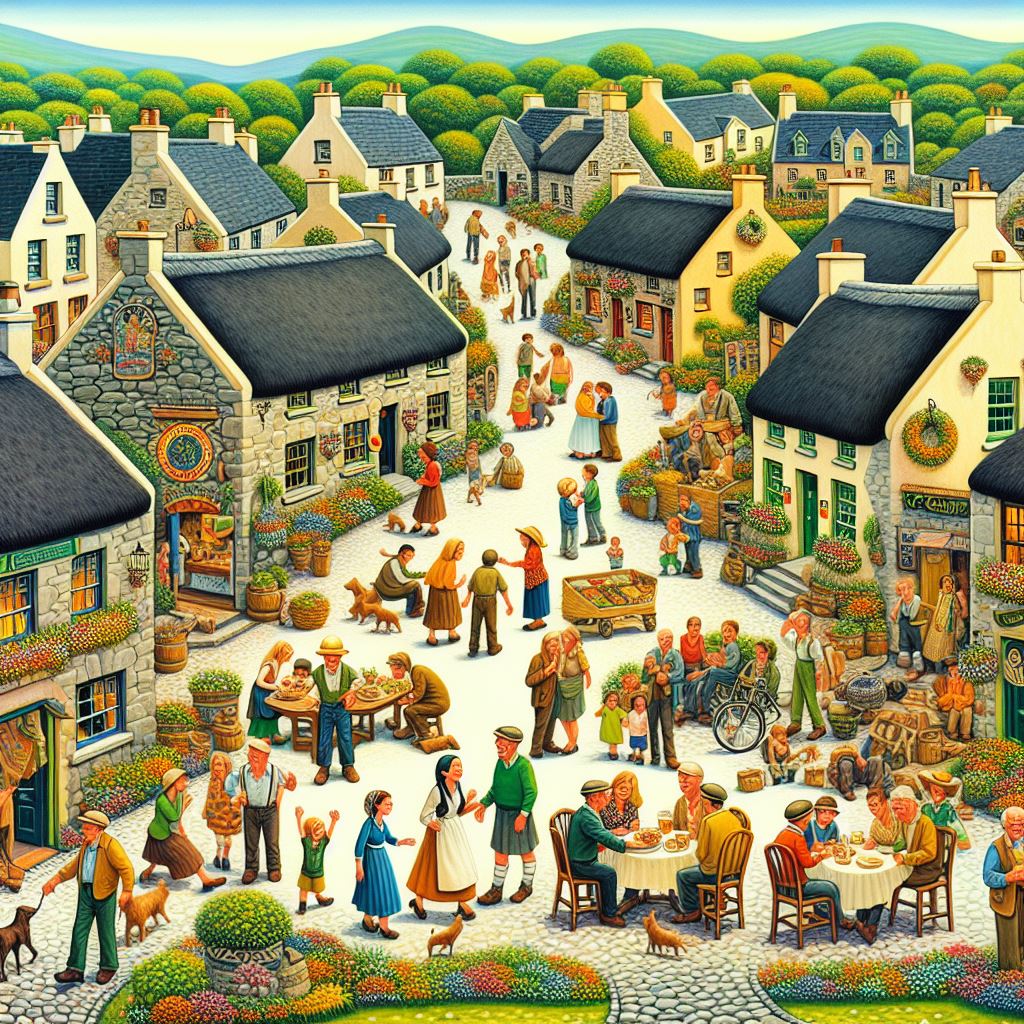 An illustration of a welcoming Irish village, showcasing traditional architecture, friendly locals, and a vibrant community atmosphere, emphasizing the theme of hospitality and solidarity.